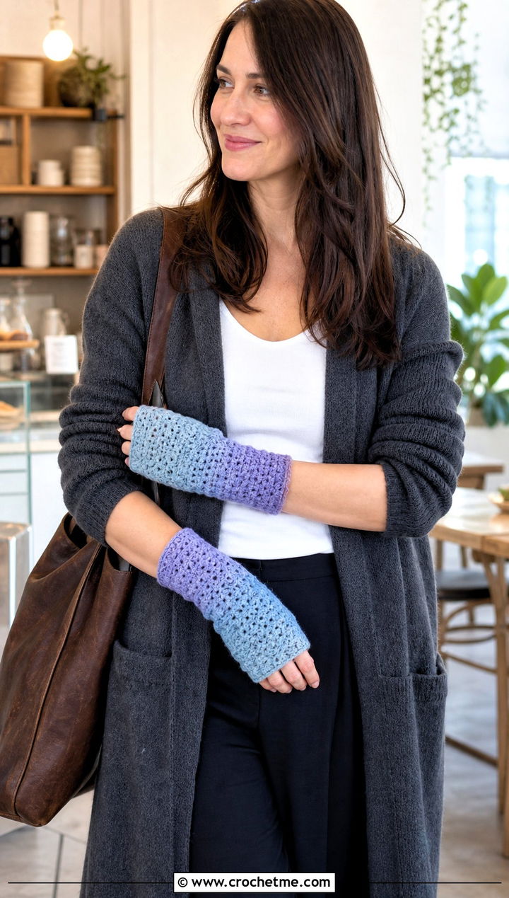 Ombre Fingerless Crochet Gloves With Long Cardigan - 30 fingerless crochet gloves outfit ideas
