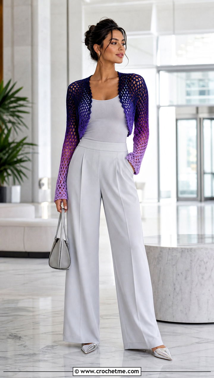 Ombre Fishnet Crochet Bolero With Monochrome Outfit - 25 Fishnet Crochet Bolero outfit ideas