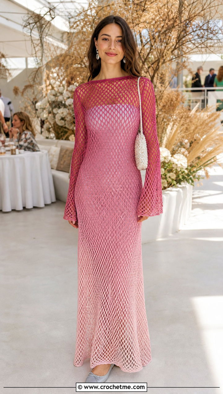 Ombre Fishnet Crochet Maxi Dress With Tube Dress And Flats - 25 Fishnet Crochet Dress outfit ideas