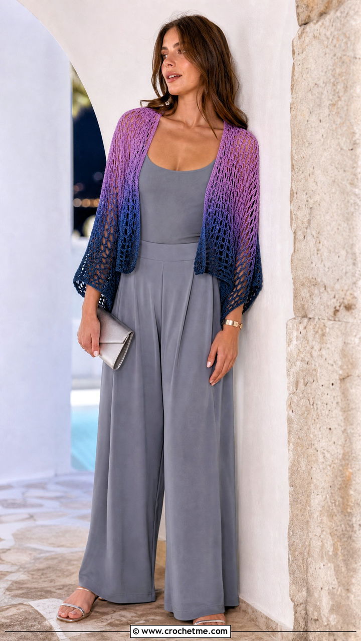 Ombre Fishnet Shrug With Monochrome Tank And Palazzo Pants - 35 crochet fishnet shrug outfit ideas