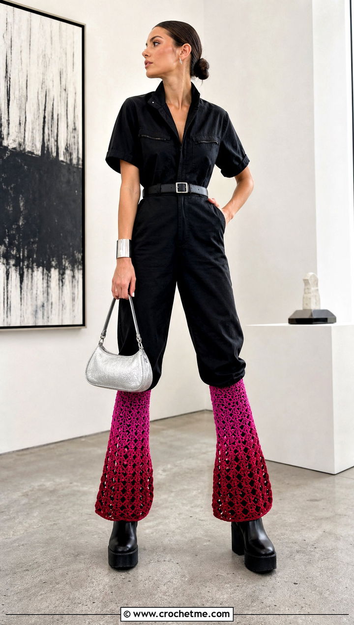 Ombre Flared Crochet Leg Warmers With Black Jumpsuit - 25 flared crochet leg warmers outfit ideas