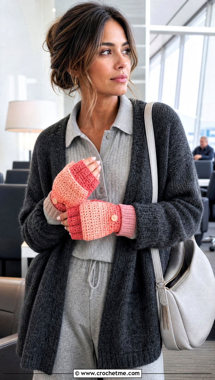 Ombre Flip Top Crochet Gloves With Monochrome Knit Outfit - 15 Convertible Crochet Fingerless Gloves outfit ideas