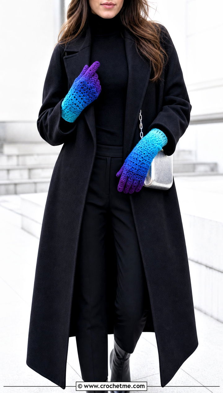 Ombre Full Finger Crochet Gloves With Monochrome Black Outfit - 15 Crochet Fingered Gloves outfit ideas