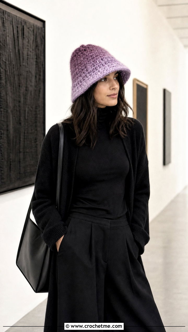 Ombre Fuzzy Crochet Bucket Hat With Monochrome Outfit - 25 fuzzy crochet bucket hat outfit ideas