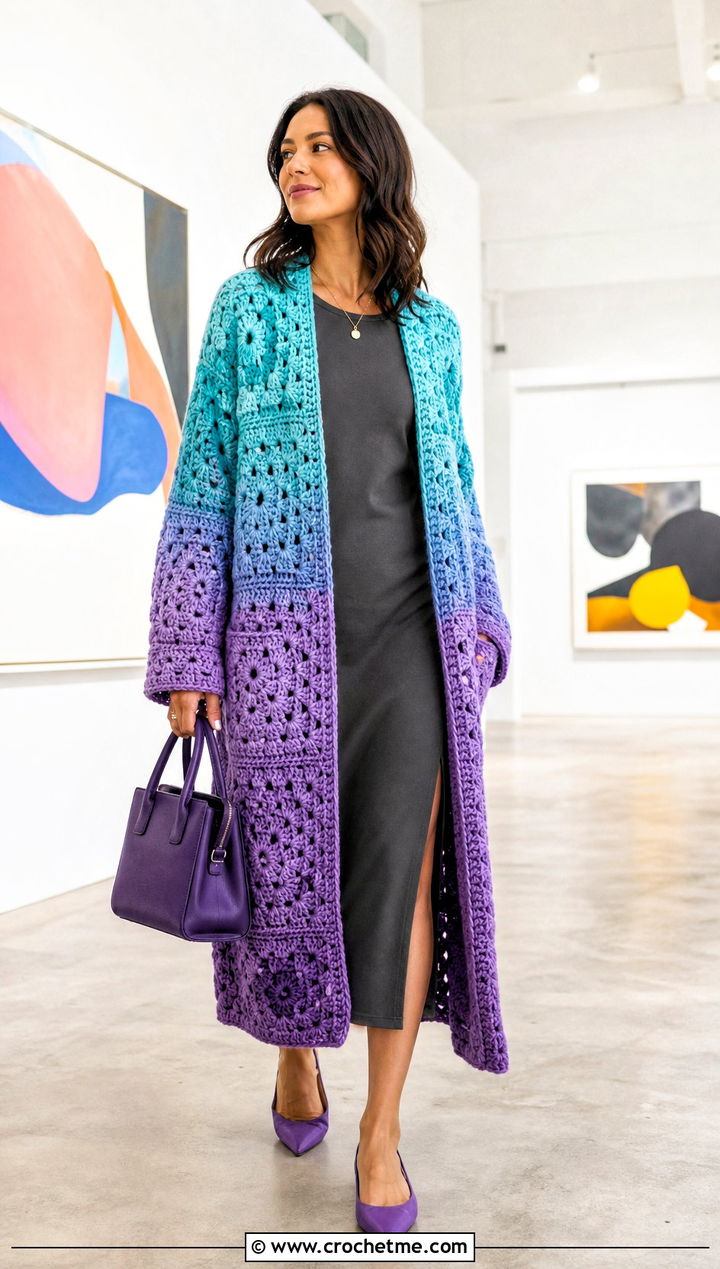 Ombre Giant Granny Square Cardigan With Column Dress - 35 giant granny square cardigan outfit ideas