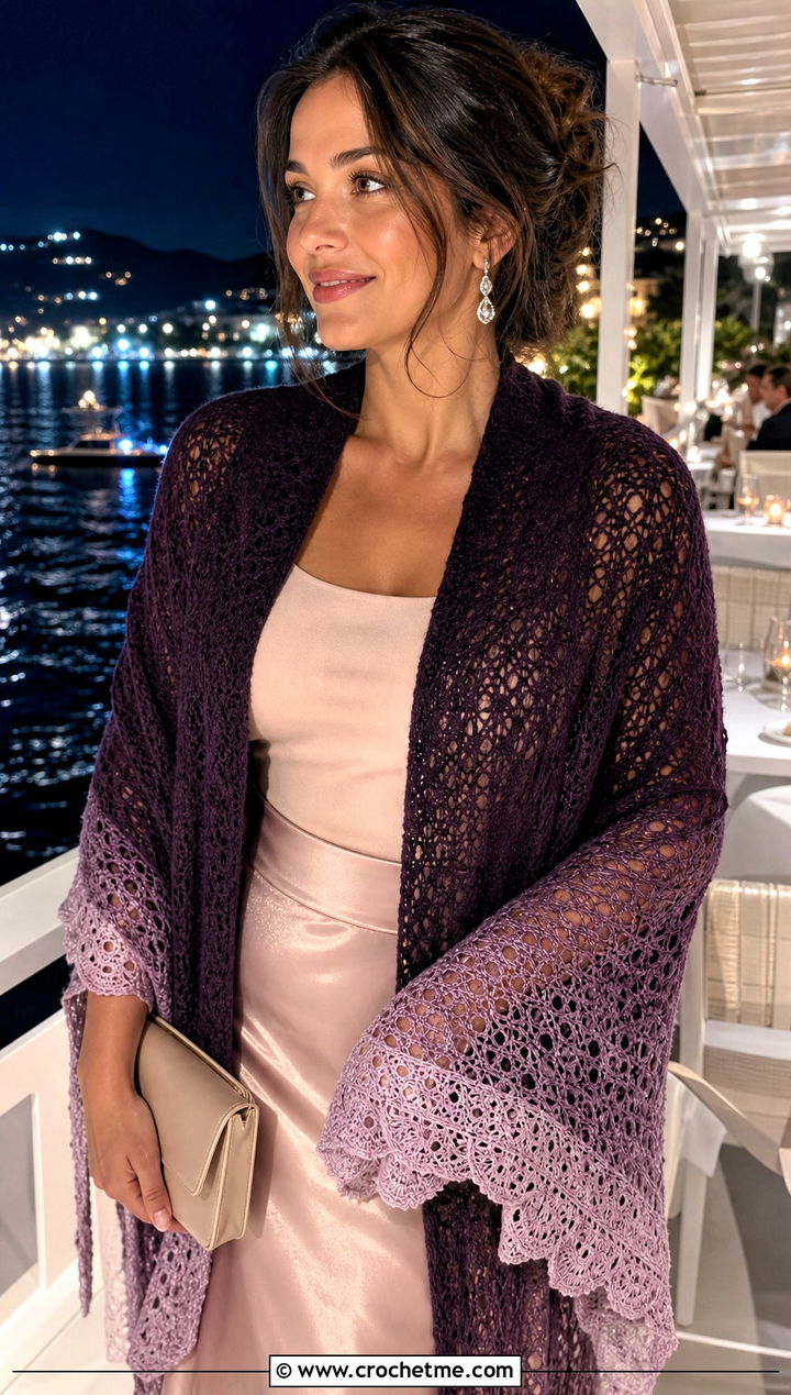 Ombre Gradient Crochet Beach Shawl With Satin Skirt - 25 crochet beach shawl outfit ideas