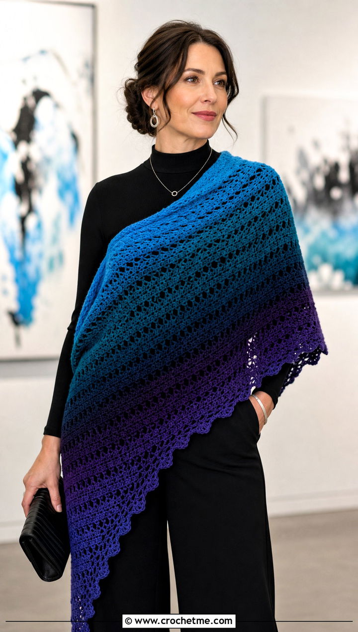 Ombre Gradient Shawl With All Black Outfit - 25 Crochet Shawl In A Cake outfit ideas