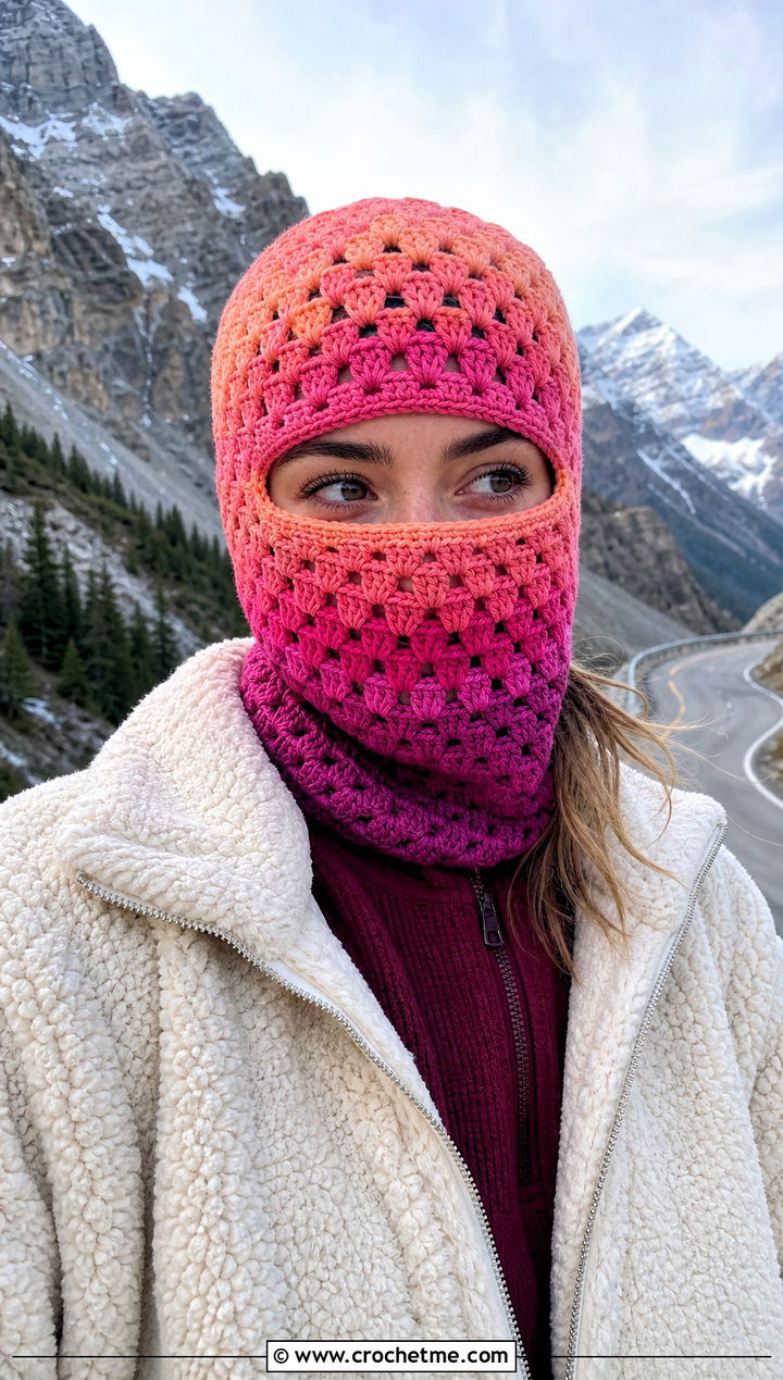 Ombre Granny Square Balaclava With Fleece Jacket - 30 crochet granny square balaclava outfit ideas