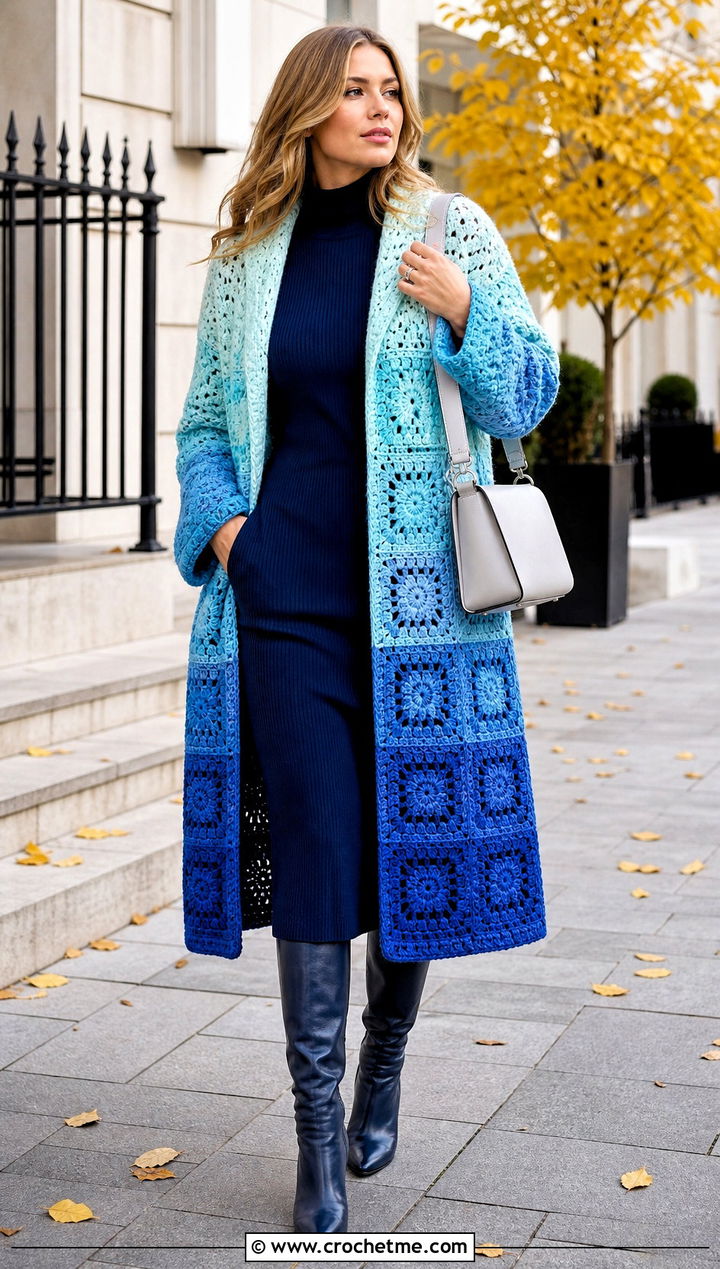 Ombre Granny Square Coat With Knit Midi Dress - 30 crochet granny square coat outfit ideas