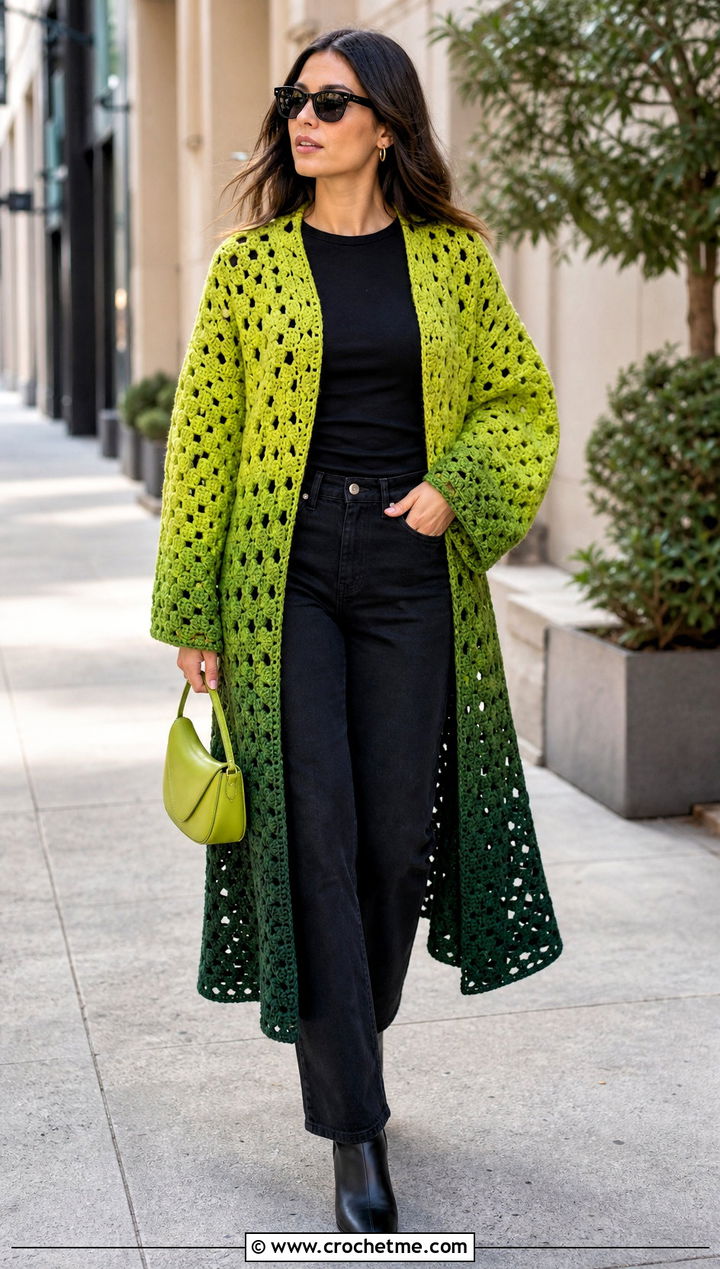 Ombre Granny Square Duster With Black Basics - 25 Crochet Granny Square Duster outfit ideas