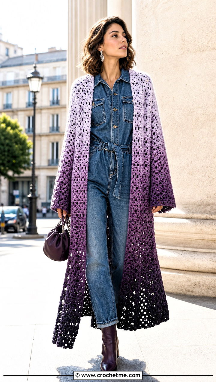 Ombre Granny Square Duster With Denim Jumpsuit - 35 granny square duster outfit ideas