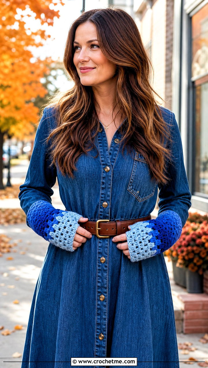 Ombre Granny Square Fingerless Gloves With Denim Dress - 30 crochet granny square fingerless gloves outfit ideas
