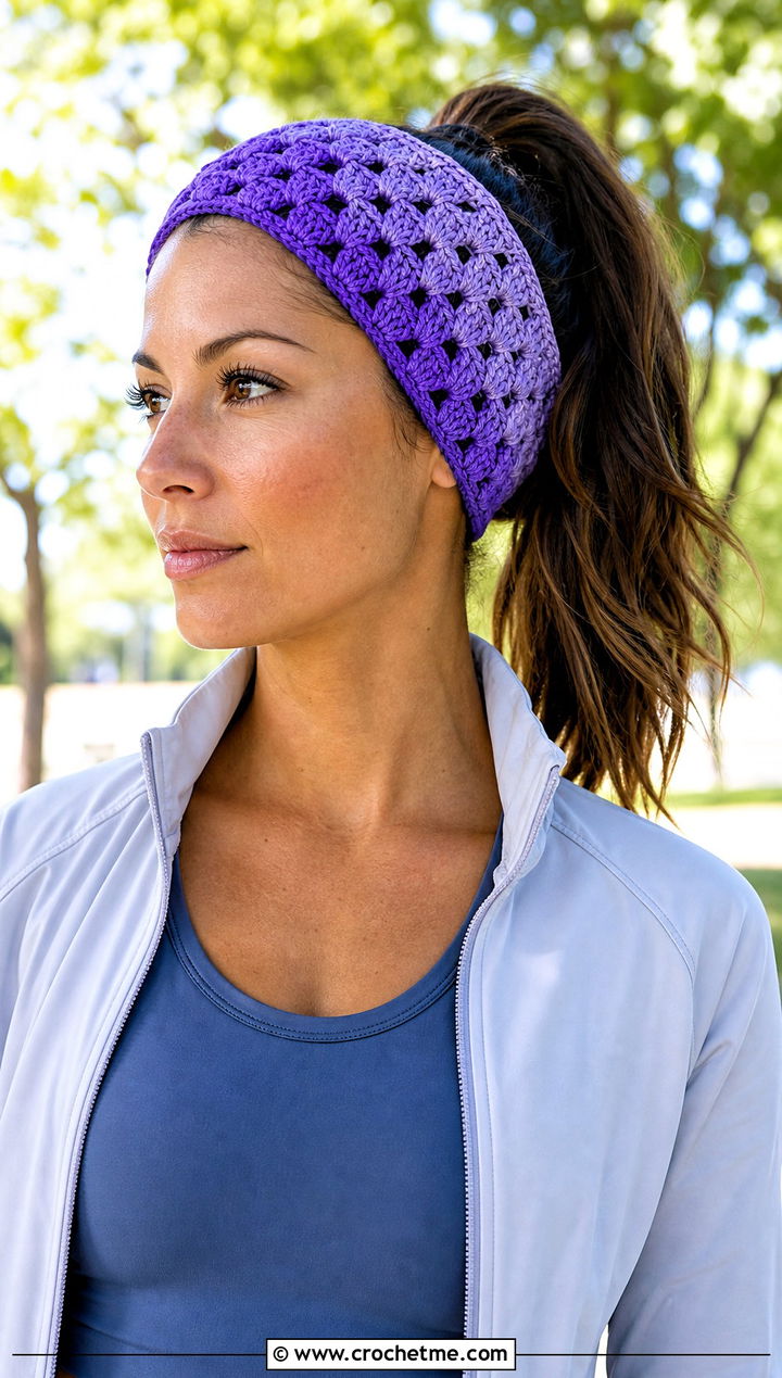 Ombre Granny Square Headband With Athleisure - 15 Crochet Granny Square Headband outfit ideas