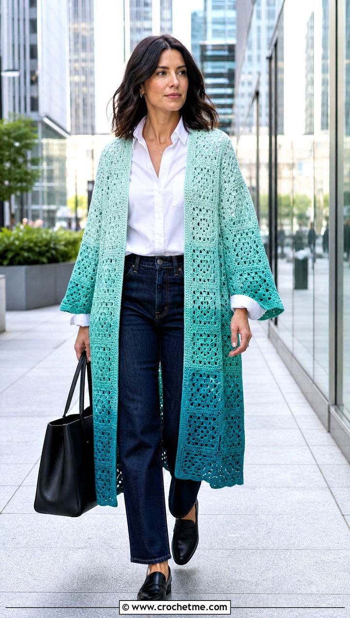 Ombre Granny Square Kimono With White Shirt and Jeans - 30 granny square kimono outfit ideas