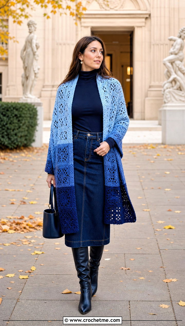 Ombre Granny Square Pocket Shawl With Denim Midi Skirt - 20 Granny Square Pocket Shawl outfit ideas