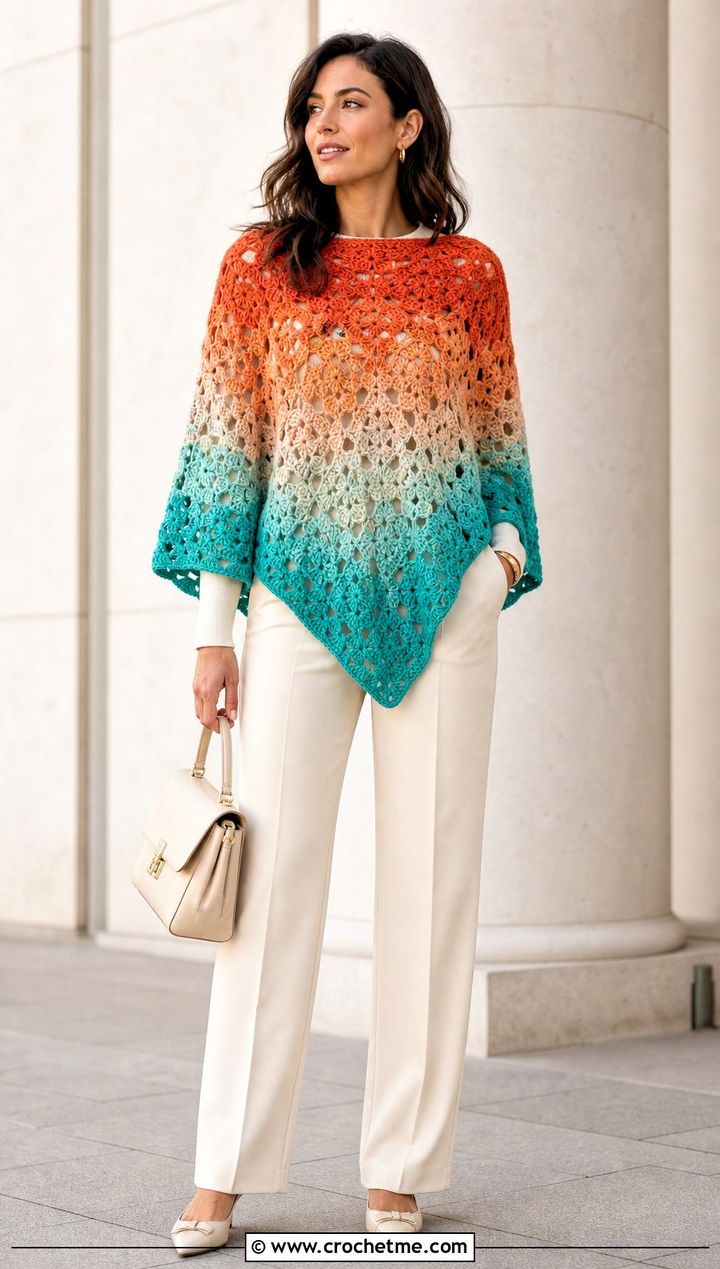 Ombre Granny Square Poncho With Monochrome Basics - 35 granny square poncho outfit ideas