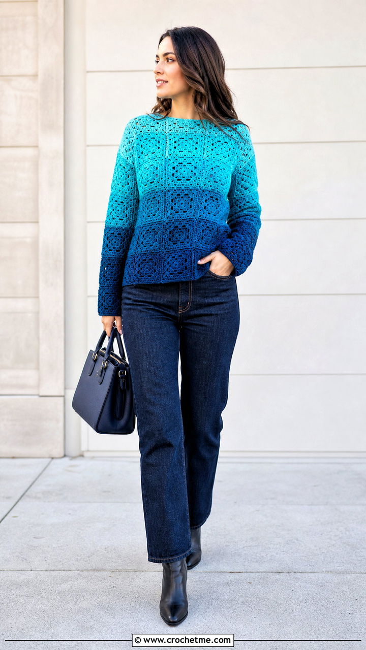 Ombre Granny Square Pullover With Dark Denim - 35 granny square pullover outfit ideas
