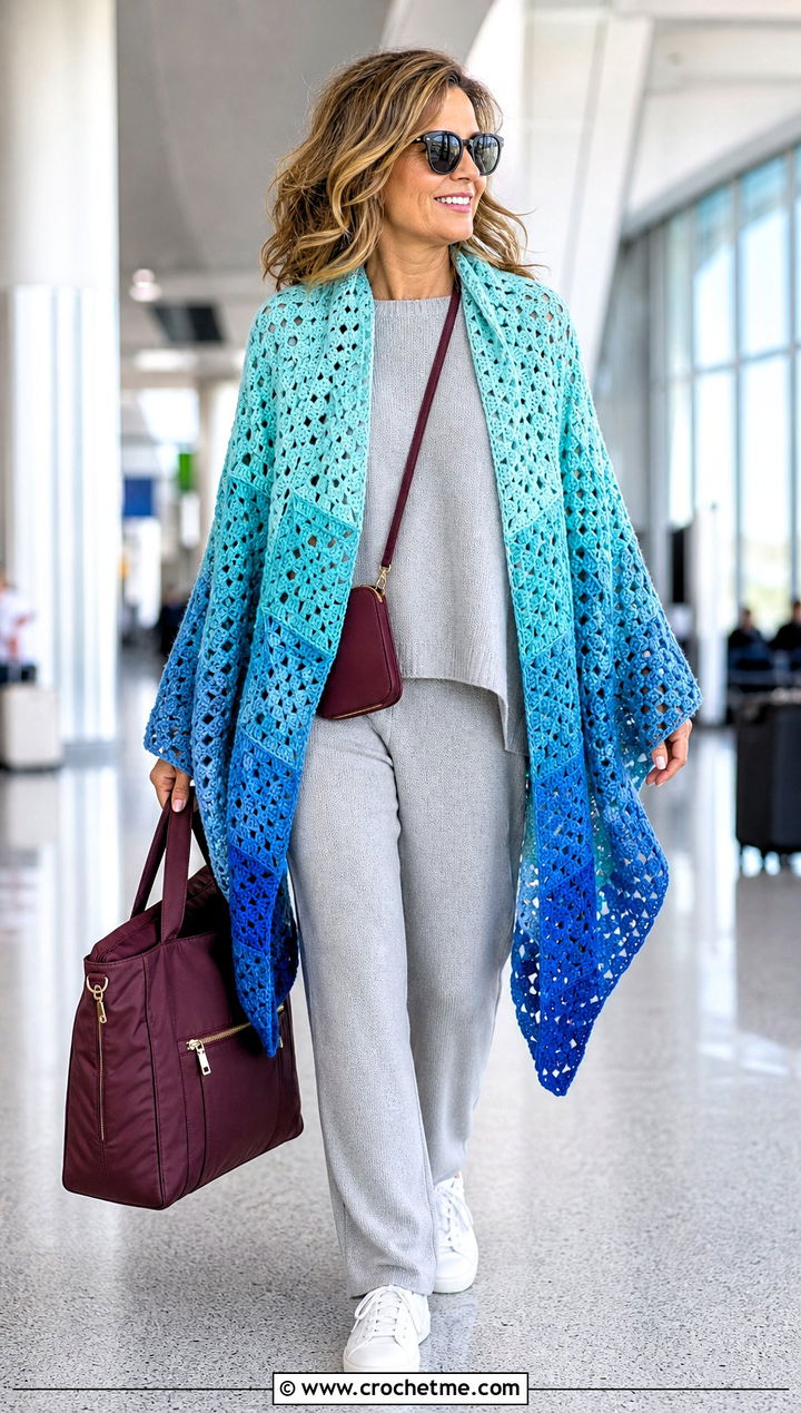 Ombre Granny Square Ruana With Knit Travel Set - 25 Granny Square Ruana outfit ideas