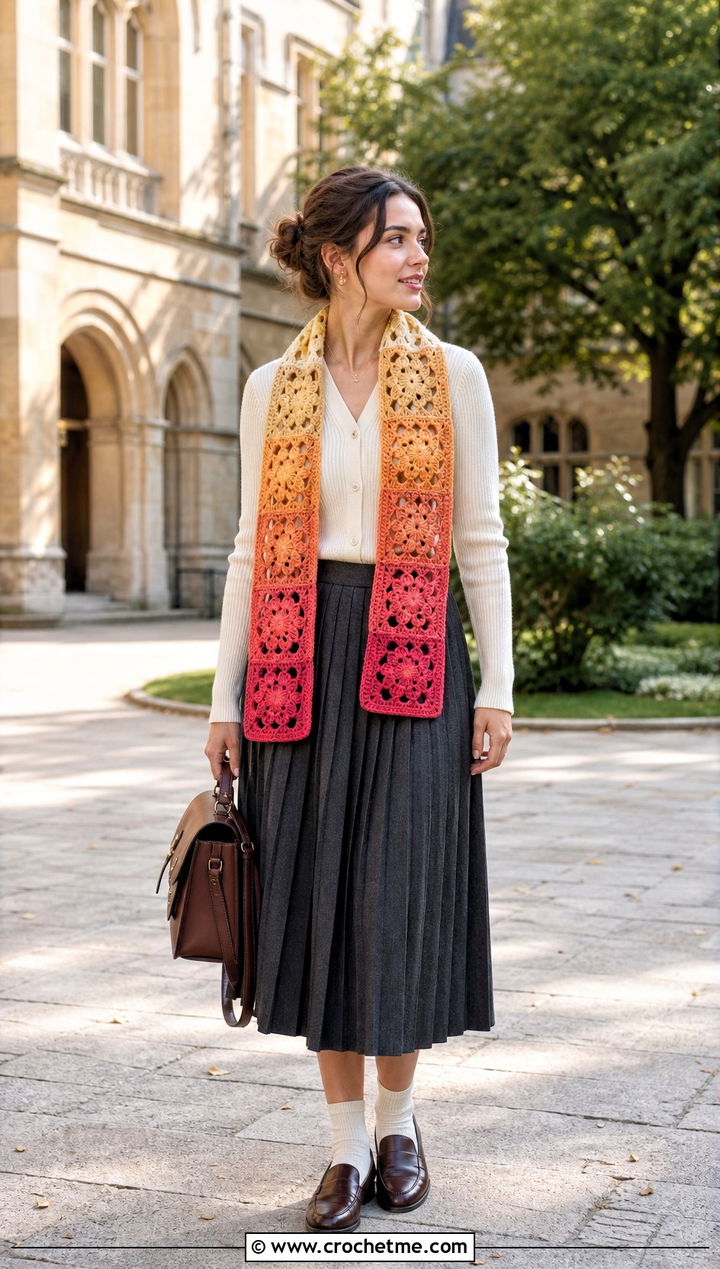 Ombre Granny Square Scarf With Cardigan And Pleated Skirt - 35 granny square crochet scarf outfit ideas