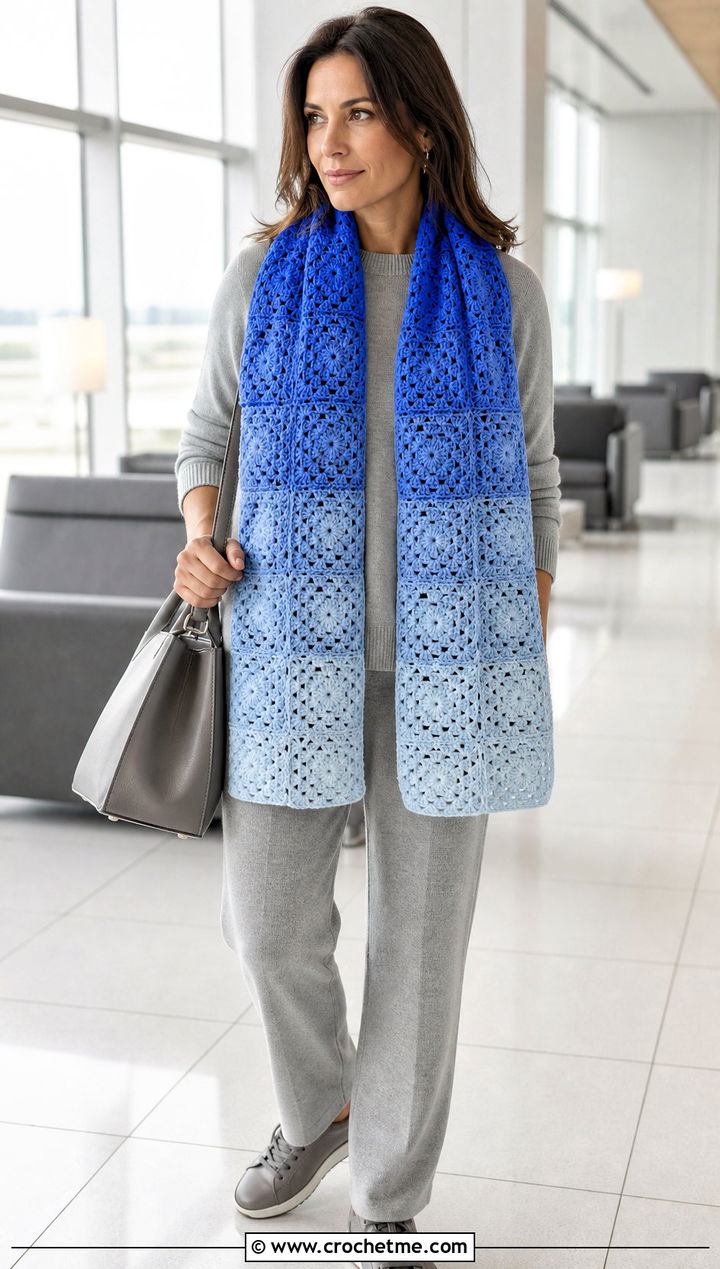 Ombre Granny Square Scarf With Monochrome Knit Outfit - 25 granny square scarves outfit ideas