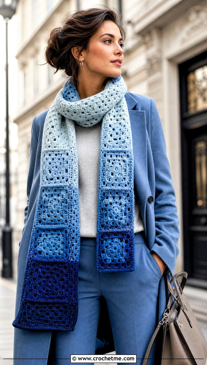 Ombre Granny Square Scarf With Tonal Coat And Trousers - 30 crochet granny square scarf outfit ideas