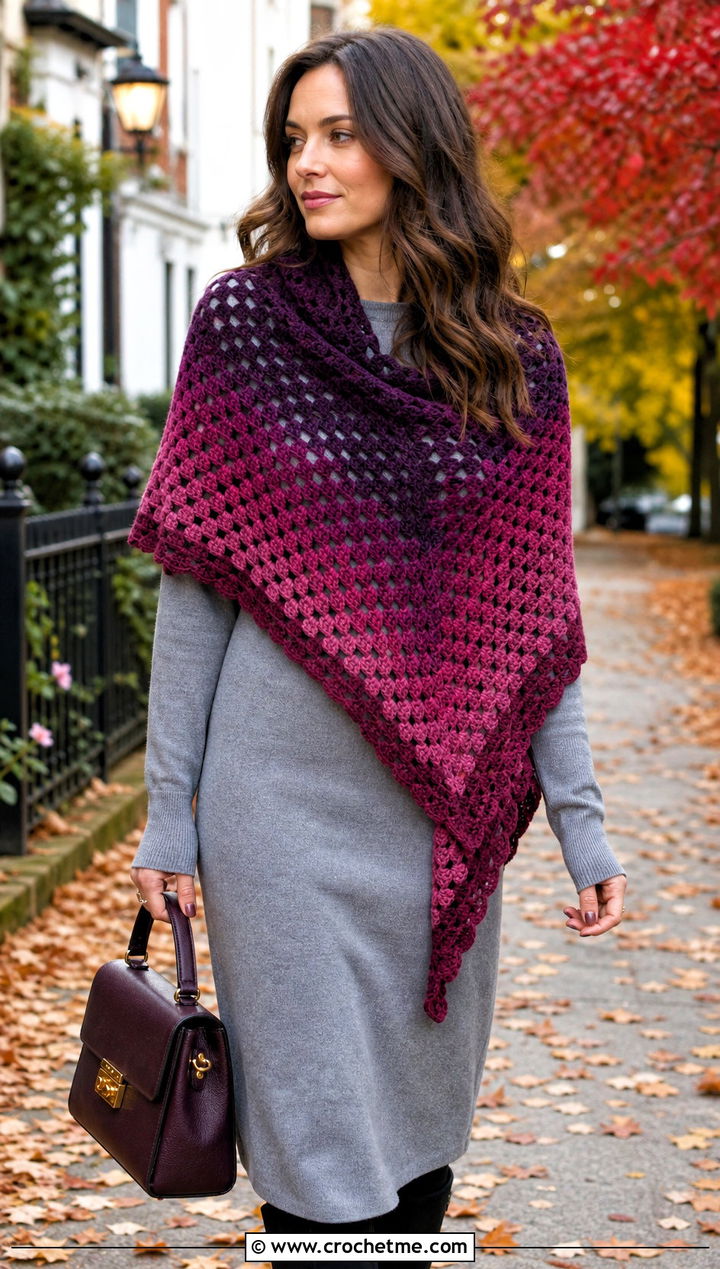 Ombre Granny Square Triangle Shawl With Knit Dress - 30 granny square triangle shawl outfit ideas