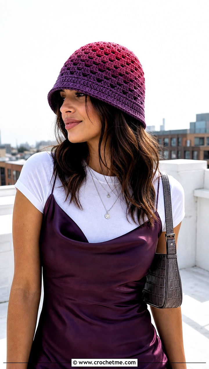 Ombre Granny Stitch Bucket Hat With Slip Dress And Mules - 30 crochet granny stitch bucket hat outfit ideas