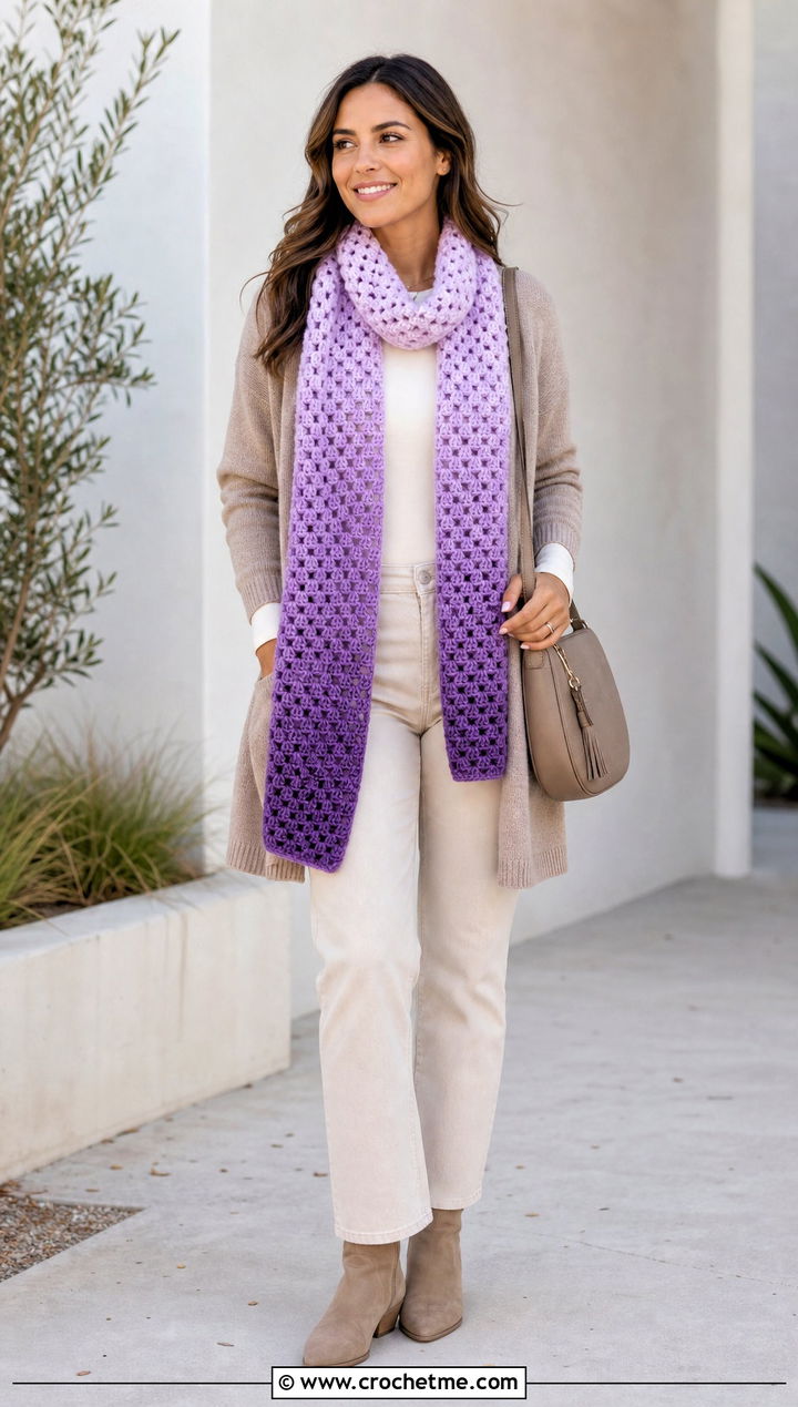 Ombre Granny Stitch Scarf With Neutral Layers - 35 granny crochet scarf outfit ideas