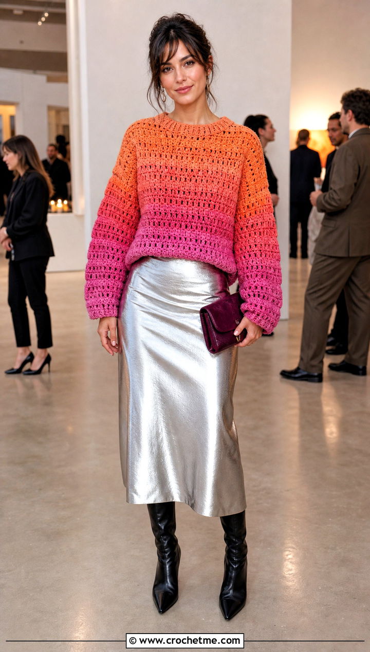 Ombre Granny Stripe Crochet Sweater With Metallic Midi Skirt - 25 Granny Stripe Crochet Sweater outfit ideas