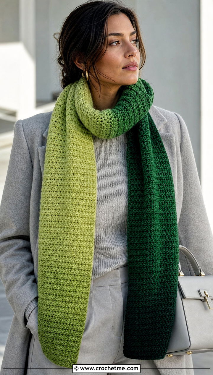 Ombre HDC Crochet Scarf With Monochrome Outfit - 20 Hdc Crochet Scarf outfit ideas