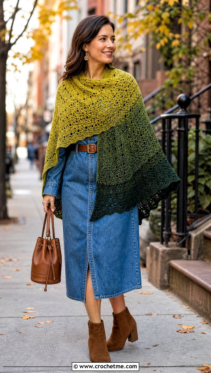 Ombre Half Circle Crochet Shawl With Denim Dress - 15 Half Circle Crochet Shawl outfit ideas