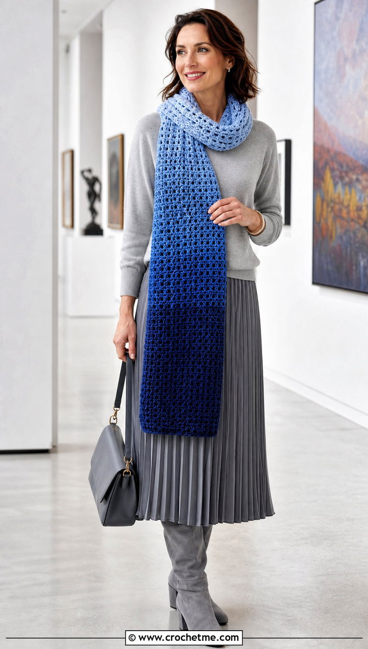 Ombre Half Double Crochet Scarf With Monochrome Outfit - 20 Half Double Crochet Scarf outfit ideas