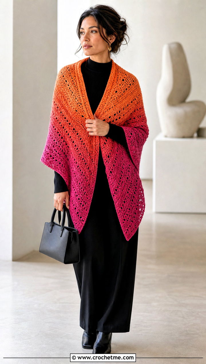 Ombre Half Hexagon Shawl With Monochrome Outfit - 20 Crochet Hexagon Shawl outfit ideas