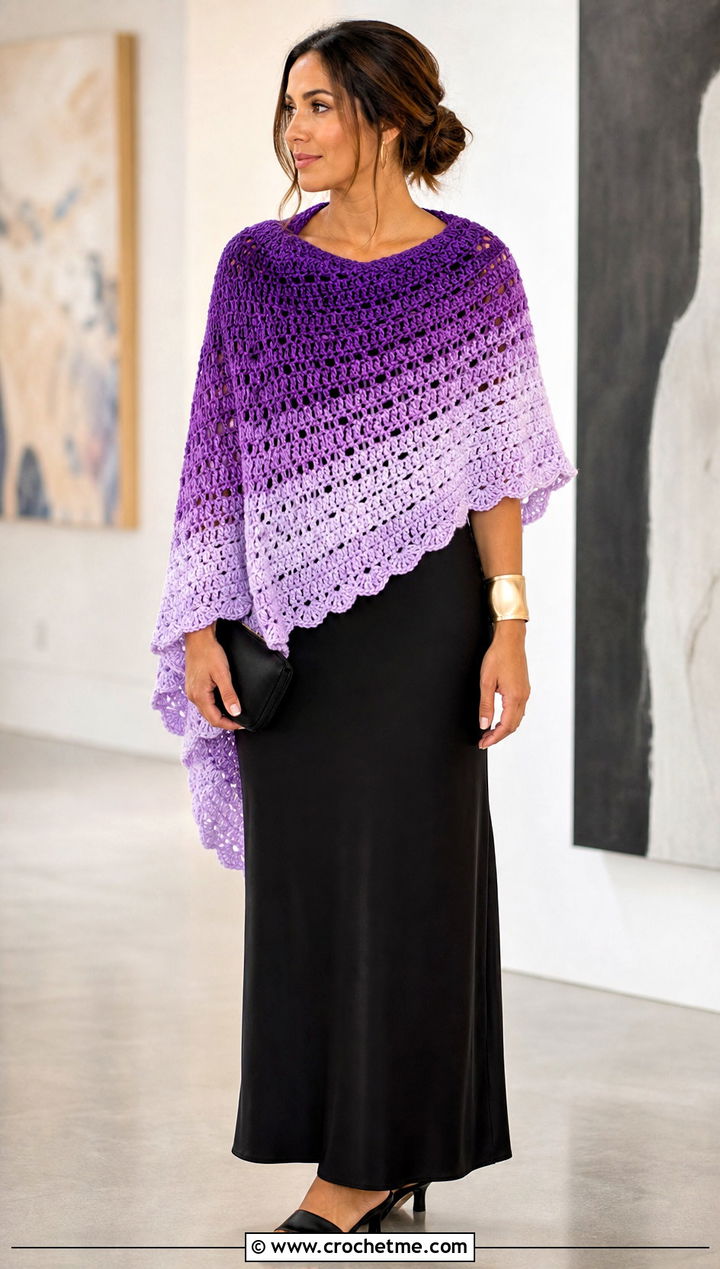 Ombre Half Moon Crochet Shawl With Black Column Dress - 25 Half Moon Crochet Shawl outfit ideas