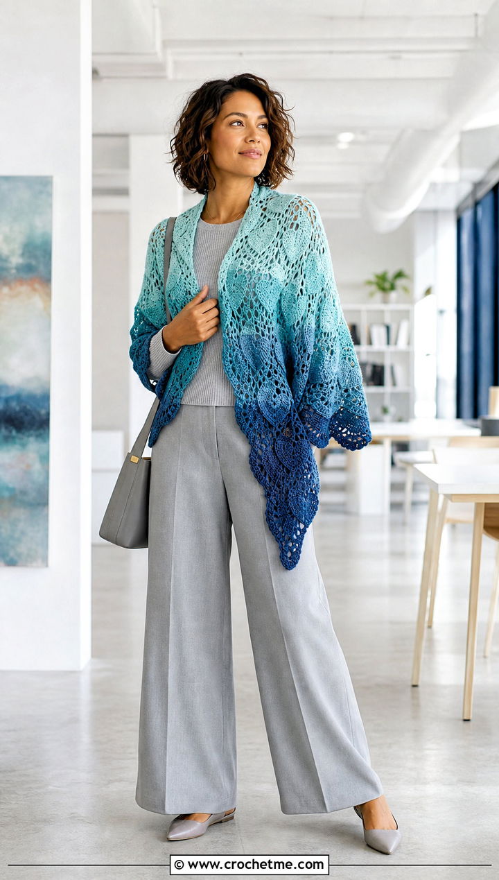 Ombre Heart Crochet Shawl With Monochrome Separates - 25 Heart Crochet Shawl outfit ideas