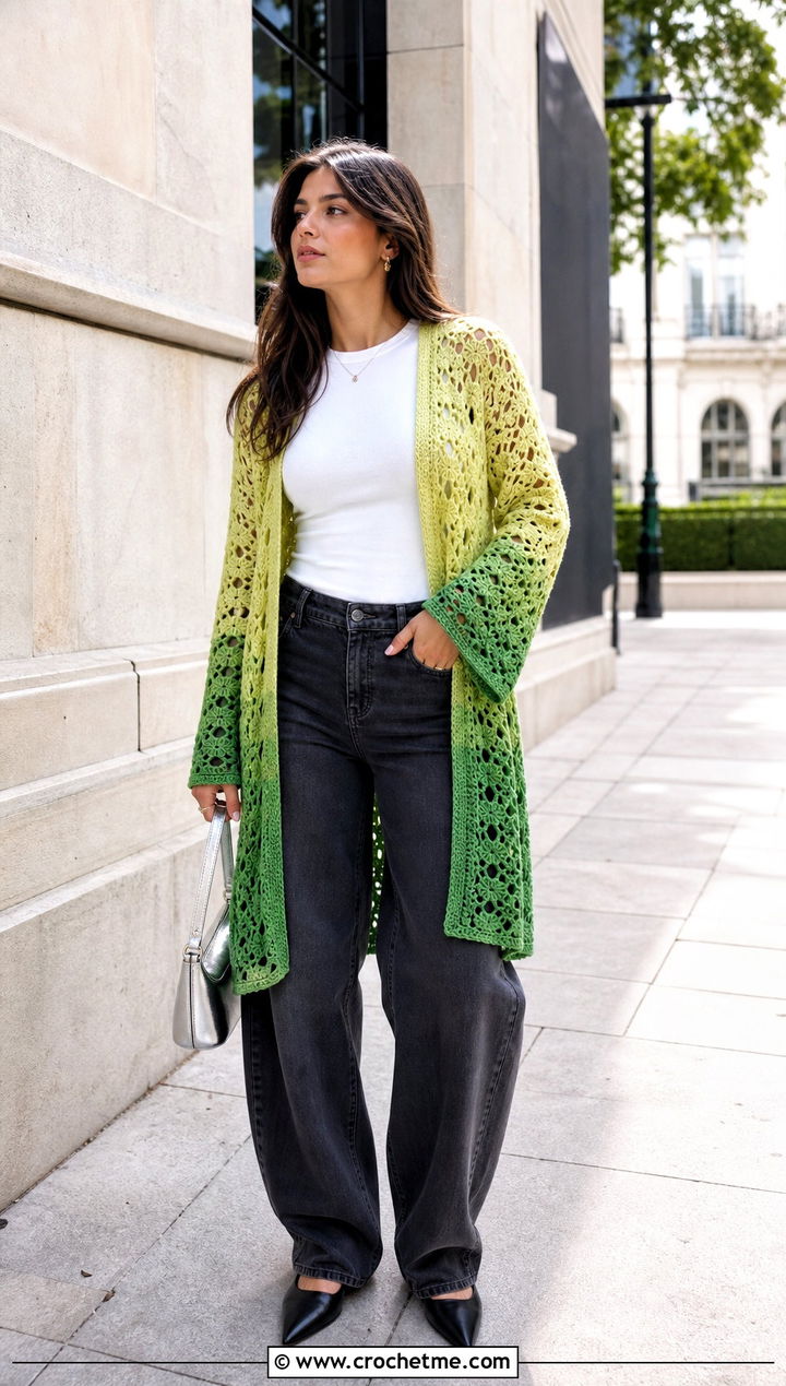 Ombre Hex Crochet Cardigan With Barrel Jeans - 35 hex crochet cardigan outfit ideas