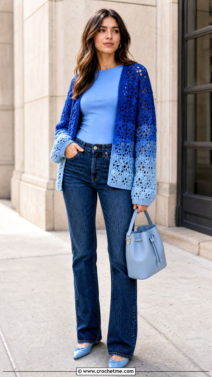 Ombre Hexagon Cardigan With Dark Wash Jeans - 35 crochet hexagon sweater outfit ideas