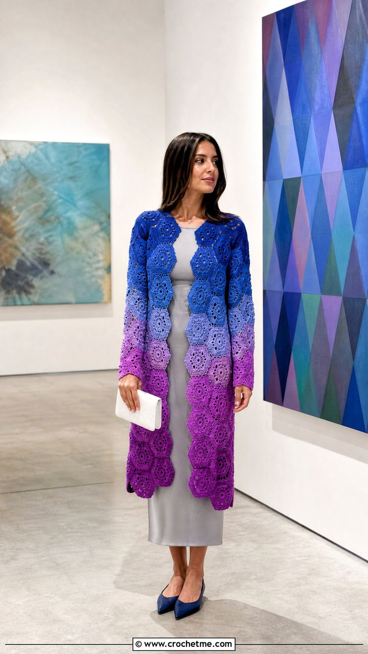 Ombre Hexagon Crochet Cardigan With Column Dress - 35 hexagon crochet cardigan outfit ideas