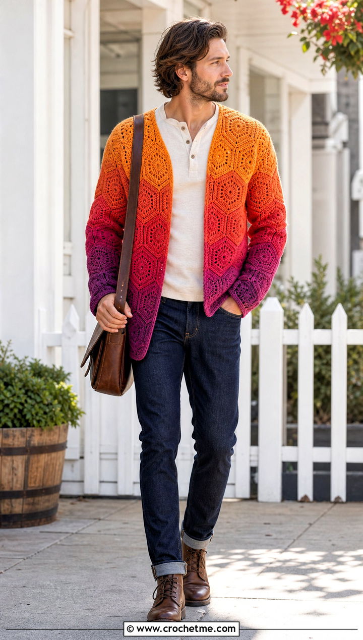 Ombre Hexagon Crochet Cardigan With Henley And Raw Denim - 35 men hexagon crochet cardigan outfit ideas