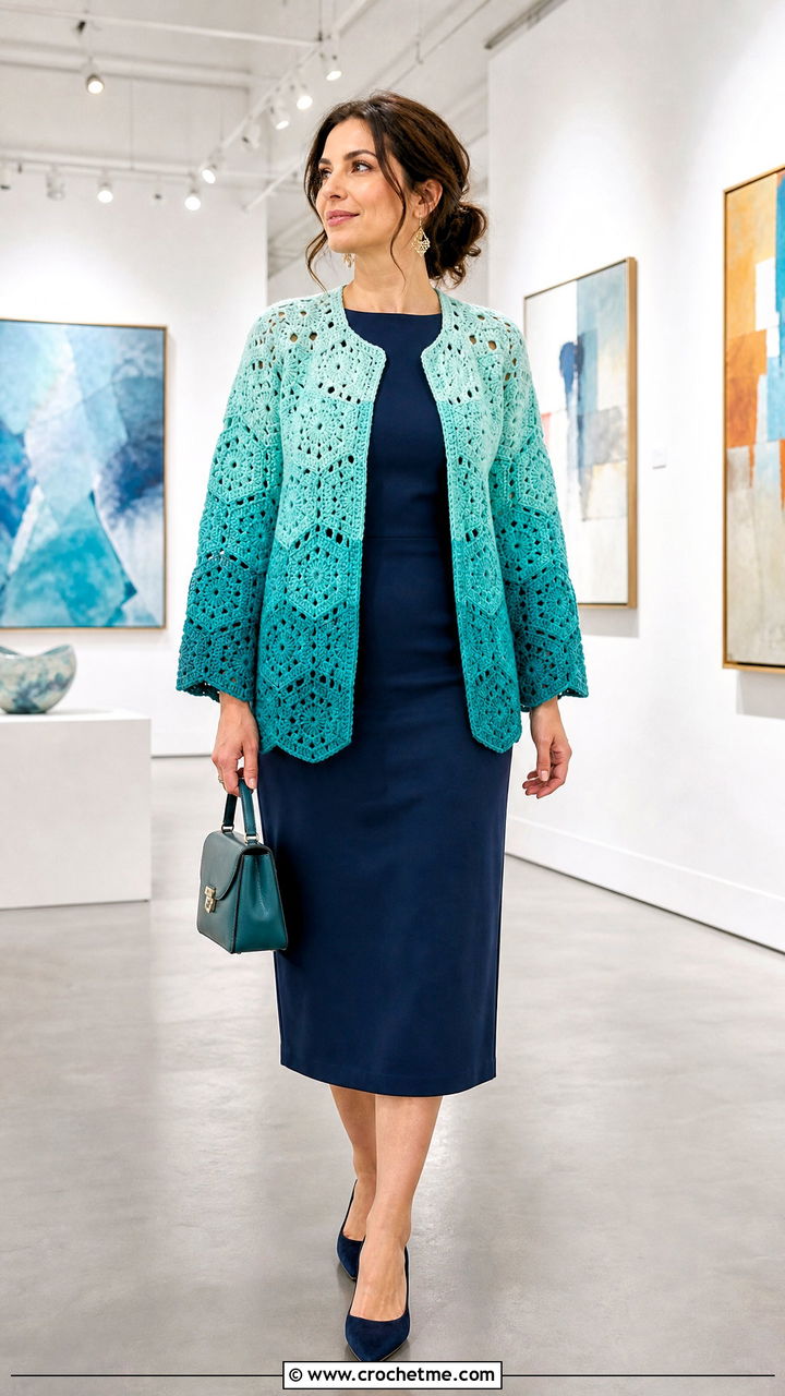 Ombre Hexagon Granny Square Cardigan With Column Dress - 35 hexagon granny square cardigan outfit ideas