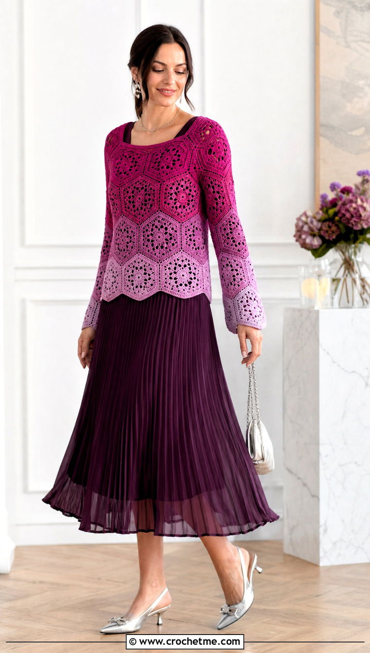 Ombre Hexagon Granny Square Pullover With Pleated Slip Skirt - 25 Hexagon Granny Square Pullover outfit ideas