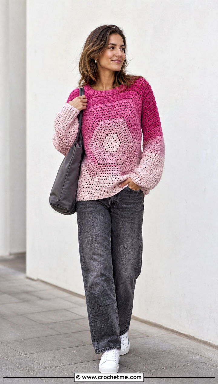 Ombre Hexagon Jumper With Gray Denim - 30 crochet hexagon jumper outfit ideas