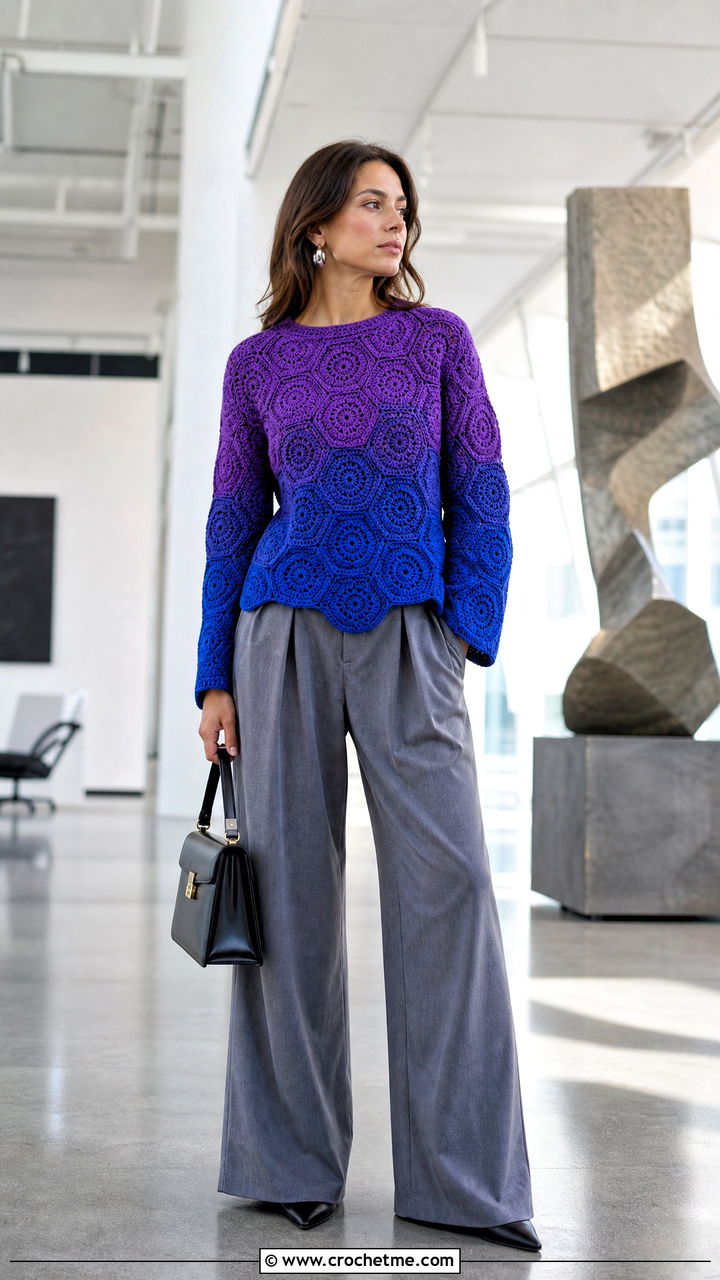 Ombre Hexagon Pullover With Gray Wide Leg Trousers - 35 crochet hexagon pullover outfit ideas
