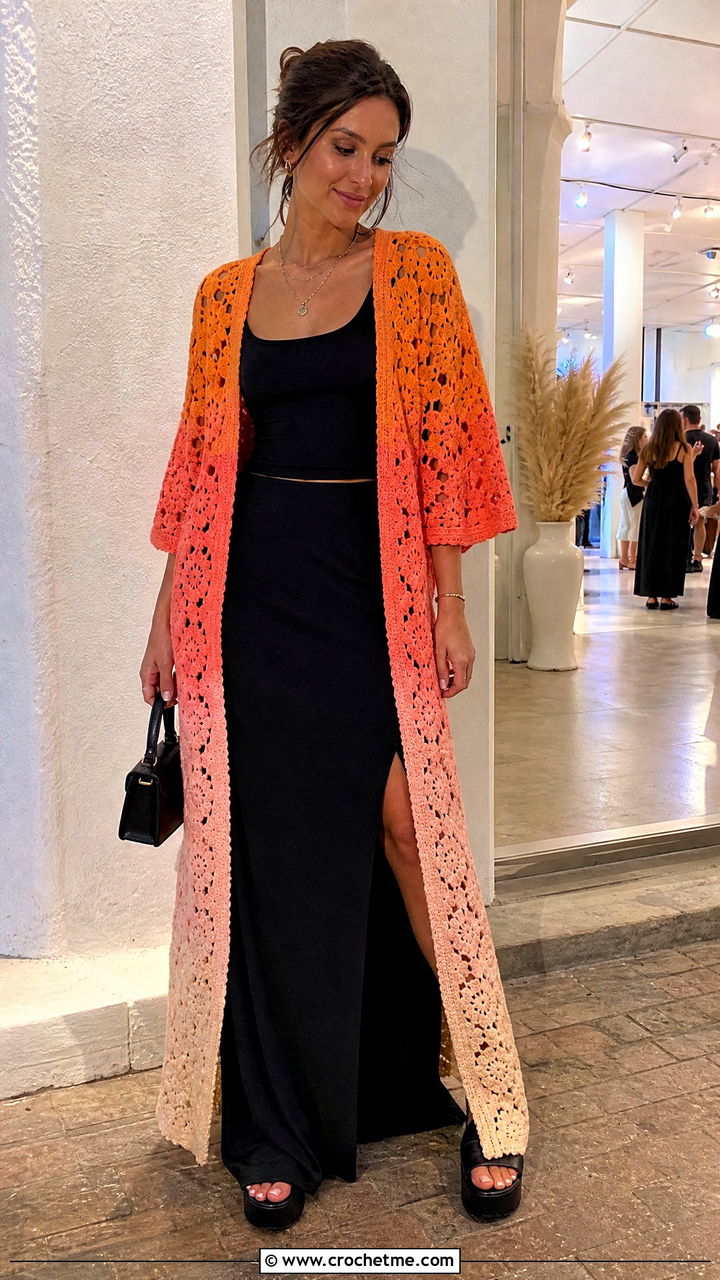 Ombre Hexi Cardi With Black Maxi Skirt - 35 crochet hexi cardi outfit ideas