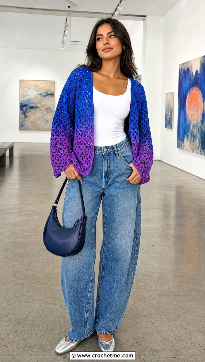 Ombre Hexi Cardigan With Barrel Jeans - 35 crochet hexi cardigan outfit ideas