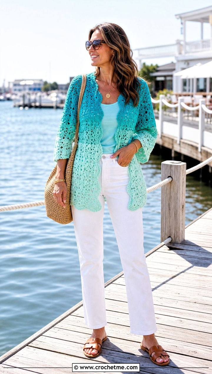 Ombre Hexi Crochet Cardigan With White Jeans - 35 hexi crochet cardigan outfit ideas