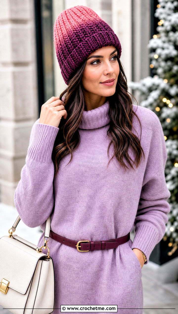 Ombre Highland Crochet Beanie With Sweater Dress - 15 highland crochet beanie outfit ideas