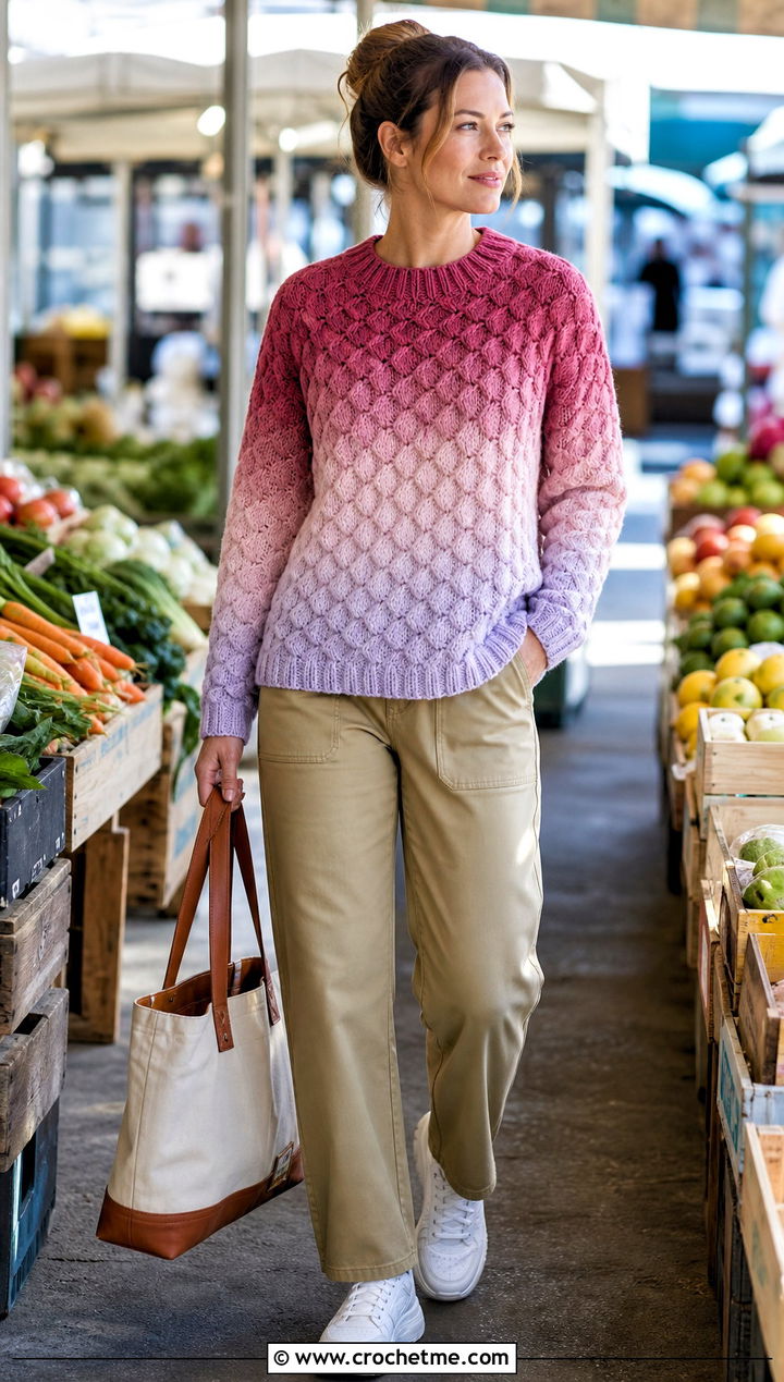 Ombre Honeycomb Stitch Jumper With Utility Pants - 30 tunisian crochet jumper outfit ideas