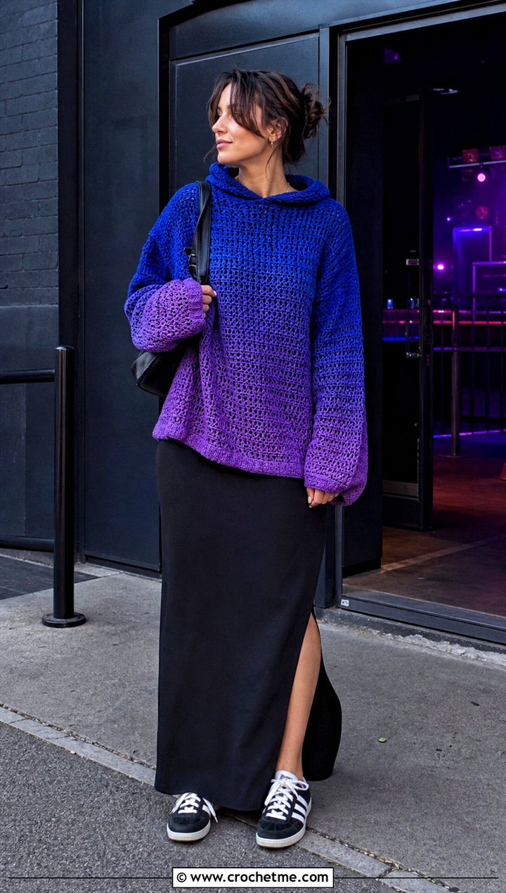 Ombre Hooded Crochet Sweater With Black Maxi Skirt - 25 Hooded Crochet Sweater outfit ideas