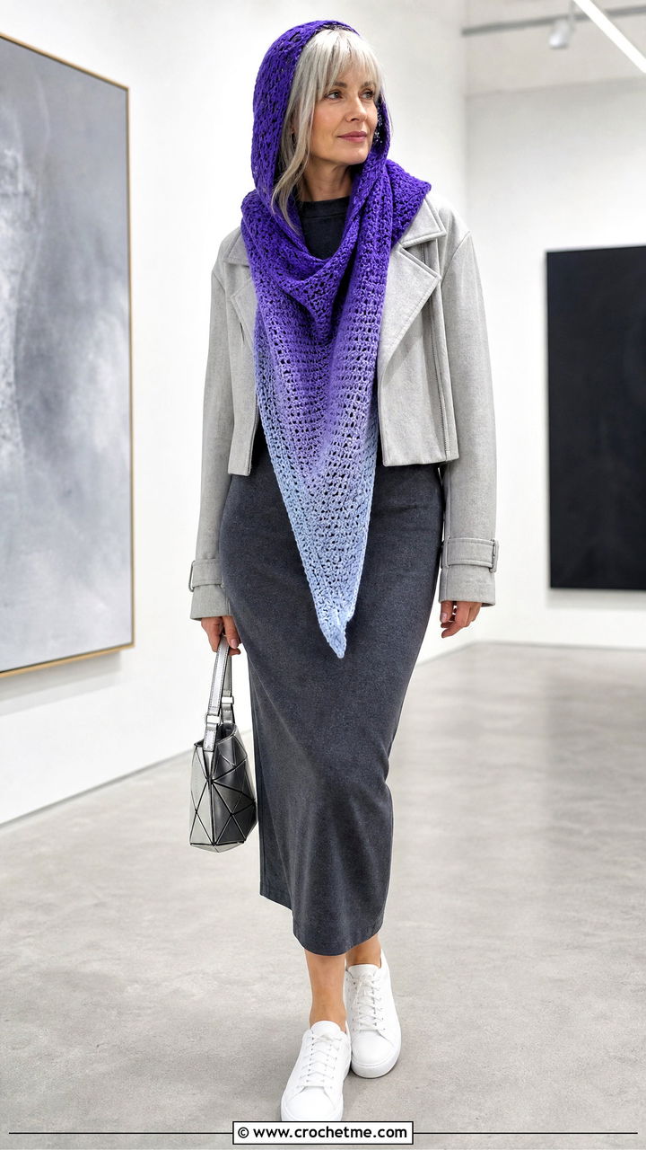 Ombre Hooded Scarf With Column Dress And Sneakers - 35 crochet hooded scarf outfit ideas